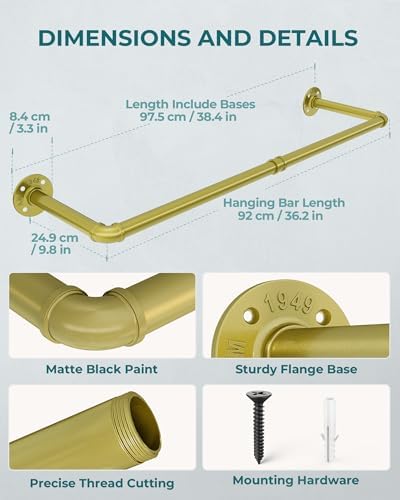 OROPY 38.4" Industrial Pipe Clothes Rack Wall Mounted, Heavy Duty, 2 Pack - Image 4