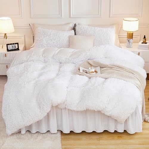 Andency White California King Comforter Set, Fluffy Faux Fur Warm Bed Set by Andency