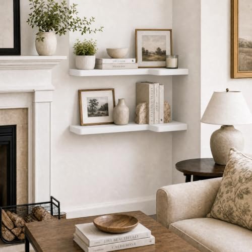 24 Inch Solid Wood Floating Corner Shelves, 2 Pack, Classic White - Image 6