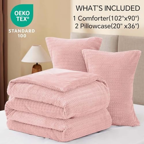 ChiXpace Fleece King Size Comforter Set Pink, Fluffy Bed Set 3 Pieces - Image 6