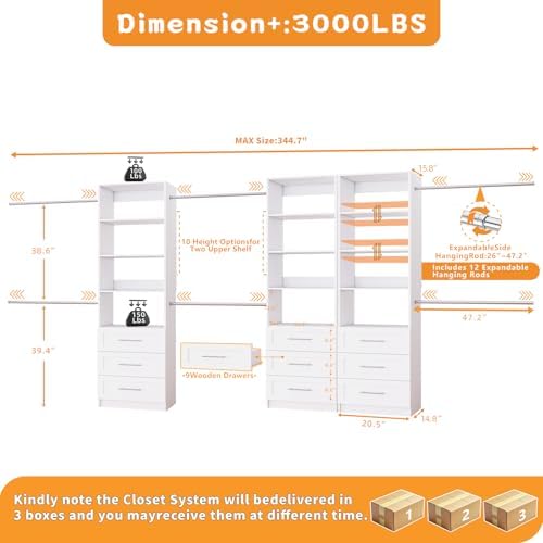 Closet System with 9 Drawers, 8FT-20FT Modular Closet Organizer System with 12 - Image 2
