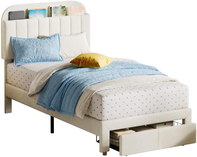 Beige Twin Kids Upholstered Platform Bed by SLEKVERSA