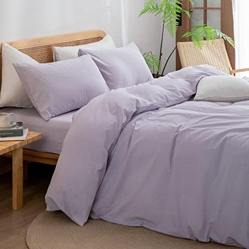 BESTOUCH Cotton Solid Duvet Cover Set Linen Feel Taro Purple Full - Image 2
