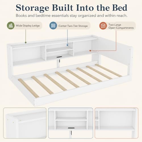 Twin Floor Bed with Storage, L-Shaped Corner Bed, Charging & LED - Image 4