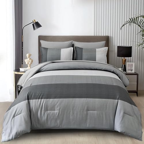 WONGS BEDDING Grey Comforter Set Queen, Reversible Grey Striped Patchwork Down by WONGSBEDDING