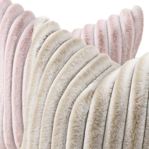 decorUhome Fall Faux Fur Throw Pillow Covers 18x18 Set of 2 Beige White - Image 2