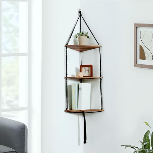 Artilady Corner Shelf Macrame Wall Hanging, 3 Tier Black Boho Storage Decor - Image 4