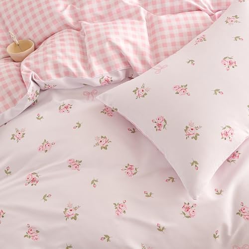 Nayoroom Pink Floral Comforter Set Full Reversible Gingham Bedding - Image 5