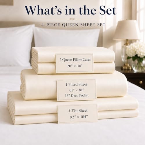 Queen Sheets - 800 Thread Count 4 PC Egyptian Cotton Luxury Bedding - Ivory - Image 3