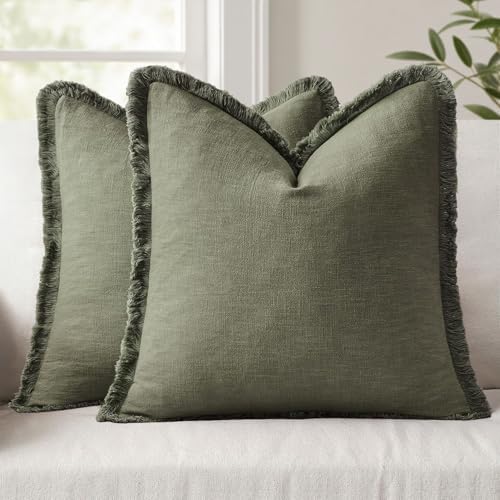 ANRODUO Euro Decorative Linen Pillow Covers 22×22 Light Olive Green 2 Pack by ANRODUO