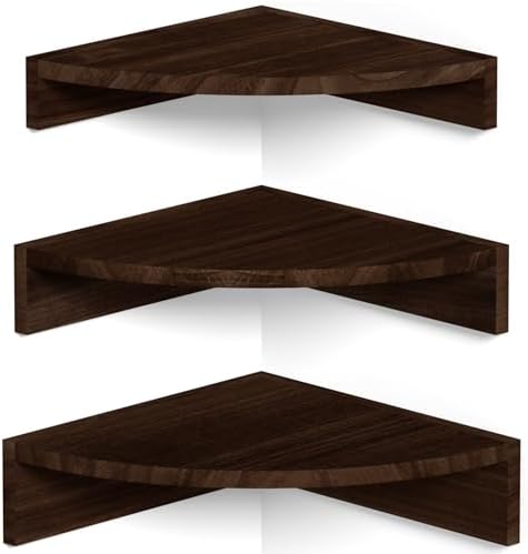 Wood Corner Shelves Wall Mount 3-Pack, Dark Brown by Alsonerbay