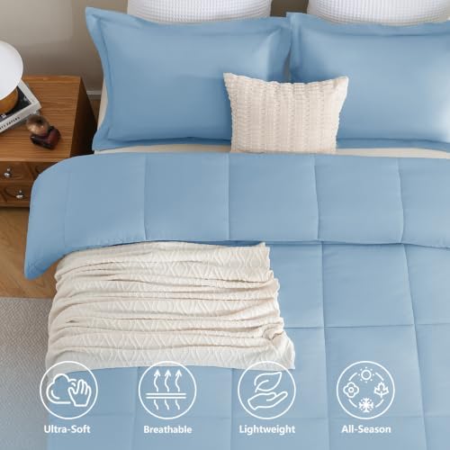CozyLux Queen Size Comforter Set, 3-Piece Box-Stitched, Baby Blue - Image 2