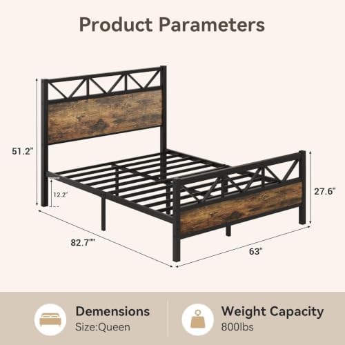 Queen Bed Frame, 51.2" Tall Industrial Headboard, Rustic Brown - Image 2