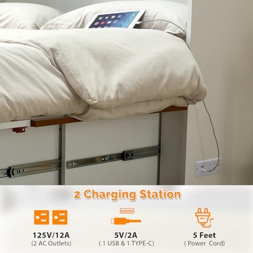 VINGLI Full Murphy Bed with Storage Drawer, 2 Charging Station, Rustic & - Image 4
