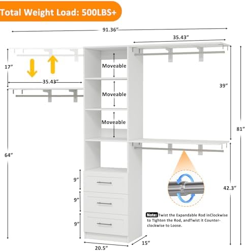 Closet System with Drawers, 5-8FT Closet Organizer Systems with Expandable - Image 5