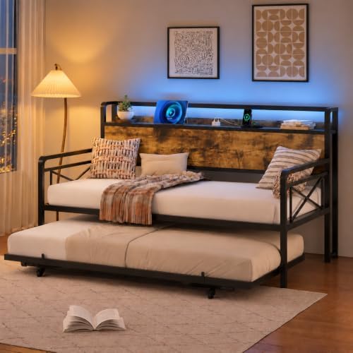 VINGLI Twin Daybed with Pop Up Trundle, USB Charging Port, Industrial Brown by VINGLI