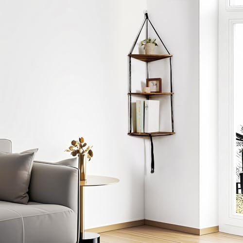 Artilady Corner Shelf Macrame Wall Hanging, 3 Tier Black Boho Storage Decor - Image 6