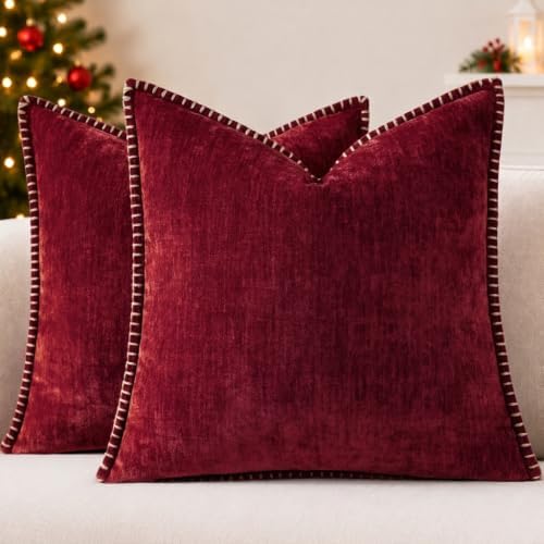 Pallene Chenille Soft Wine Red Throw Pillow Cover 24x24 Set of 2 by PALLENE
