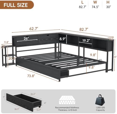 Full Corner Bed Frame with Storage Bookcase and Bedside Rack - Image 3