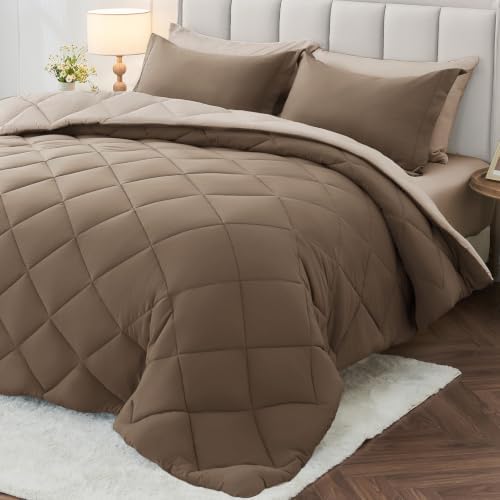 Twin Comforter Set 5-Piece, Reversible Bed in a Bag, Light Brown/Dark Linen by MUXHOMO