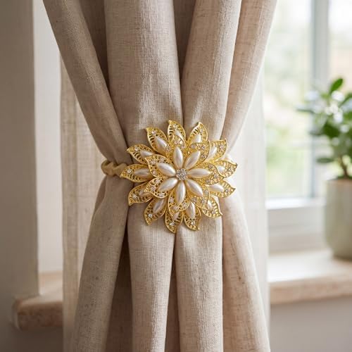 2 Pack Gold Pearl Flower Curtain Tiebacks Window Holdback Buckles - Image 4