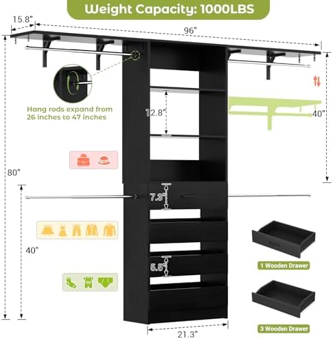Aheaplus Closet System, 8FT Wood Closet Organizer System - Image 7