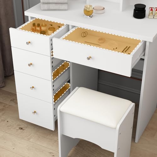 Vanity with Chair, Dressing Table with Lighted Rectangular Mirror, 5 Drawers - Image 4