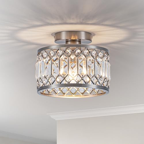 9 Inch Crystal Ceiling Light, Nickel Semi Flush Mount Light Fixture, Small - Image 2