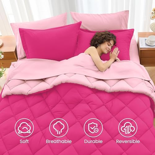MUXHOMO Super King Plus Comforter Set 7 Pieces, Hot Pink/Baby Pink - Image 6