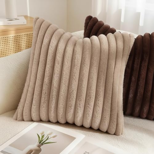 decorUhome Fall Faux Fur Throw Pillow Covers 20x20 Set of 2 Khaki Brown - Image 4