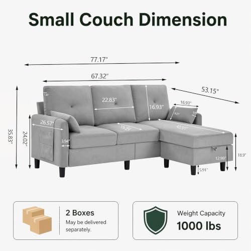Convertible Sectional Sofa, Small L Shaped 3 Seat Couch - Image 2