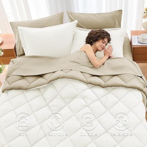 MUXHOMO Queen Comforter Set 7 Pieces, Reversible Bed in a Bag, Ivory/Khaki - Image 6