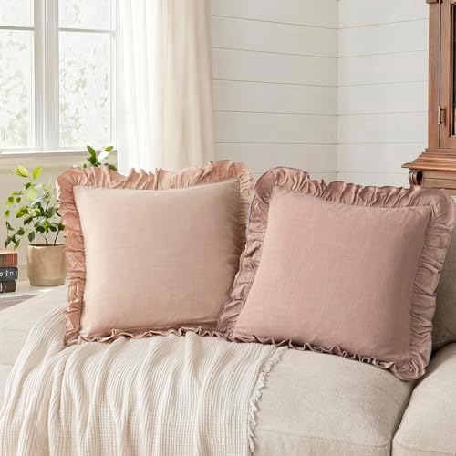 Foindtower Linen Fringe Ruffle Throw Pillow Covers 20×20 Inch Light Pink - Image 4