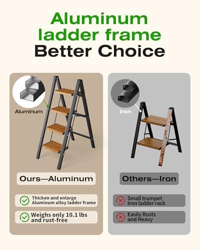 Taranta 4 Step Stool Foldable, Aluminum Step Ladder-BlackWoodgrain - Image 4