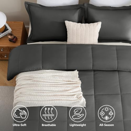 CozyLux Oversized Queen Comforter Set, 3-Piece Box-Stitched, Dark Grey - Image 2