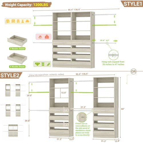 Aheaplus Closet System with 8 Drawers, 6-15Ft Custom Wood Closet Organizer - Image 7