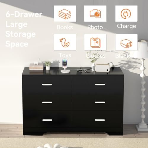 FJTJBSI Dresser with Power Outlets Wooden 6 Drawer Dresser with USB and Type C - Image 5