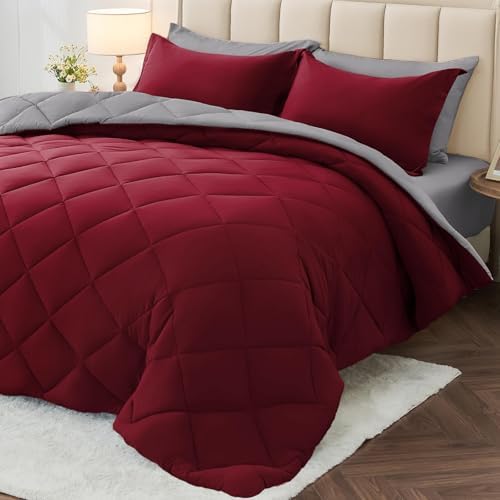 MUXHOMO King Comforter Set 7 Pieces, Reversible Bed in a Bag, Burgundy/Grey by MUXHOMO