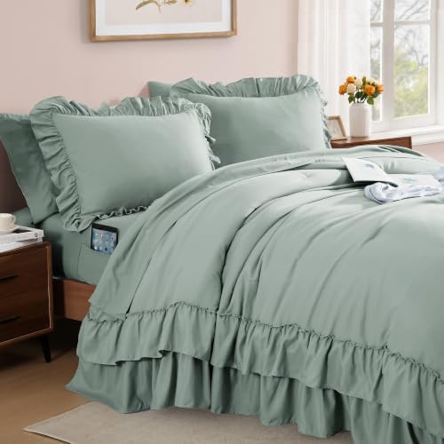 Oversized King Comforter Set Sage Green Ruffle 7 Pieces Bed in a Bag - Image 3
