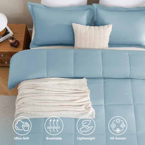 CozyLux Queen Size Comforter Set, 3-Piece Box-Stitched, Light Blue - Image 2