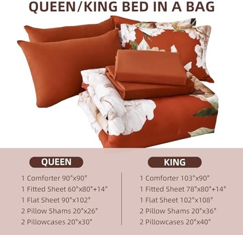 Burnt Orange Comforter Set King Size, 7 Piece Floral Bed in a Bag - Image 7