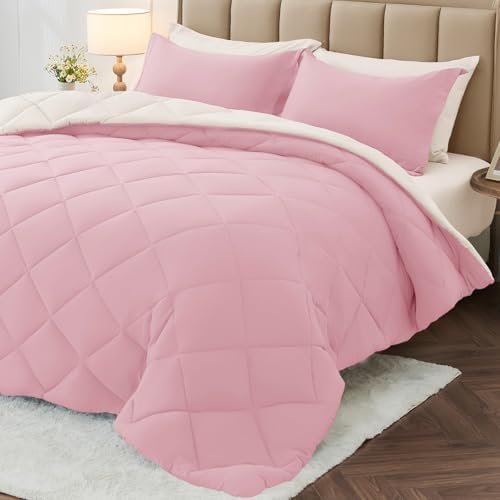King Comforter Set 7 Pieces, Reversible Bed in a Bag, Light Pink/Ivory by MUXHOMO