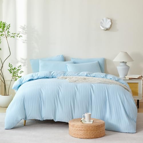 Light Blue Comforter Queen Set Striped Soft Washed Microfiber Jacquard 3 Pieces - Image 2
