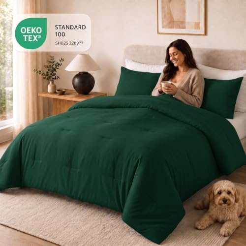 CozyLux Oversized King Comforter Set 3 Pieces Emerald Green Quilted Bedding - Image 5