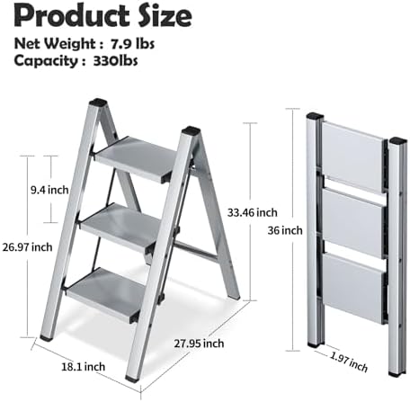 Taranta 3 Step Stool Foldable, Aluminum Step Ladder-Sliver - Image 6