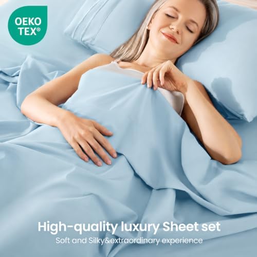 ROSE&RISY Baby Blue Queen Sheet Set, Pre-Washed Cotton-Like Brushed Microfiber - Image 5