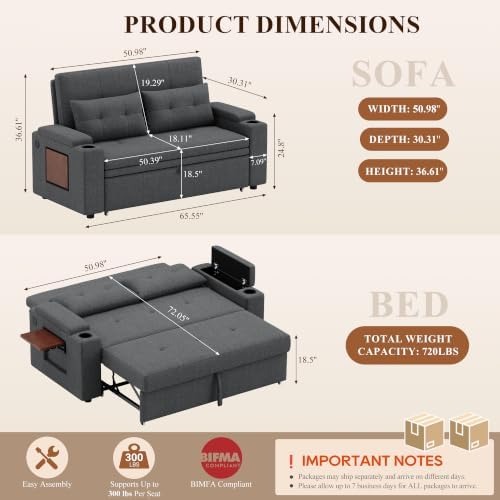 COLAMY 65'' Convertible Futon Sofa Bed, Pull Out Couch Bed, Dark Grey - Image 2