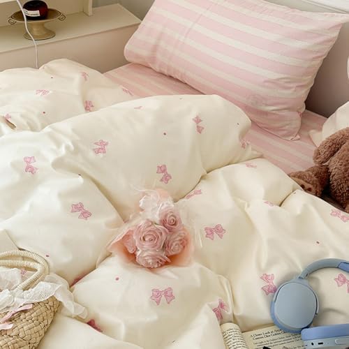 Nayoroom Pink Bow Polka Dot Comforter Set Full Reversible Striped Bedding - Image 3