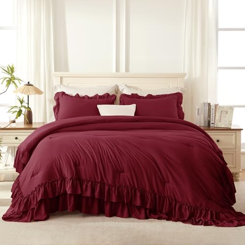 Andency Burgundy Twin Size Ruffle Comforter Set, 2 Pieces - Image 5
