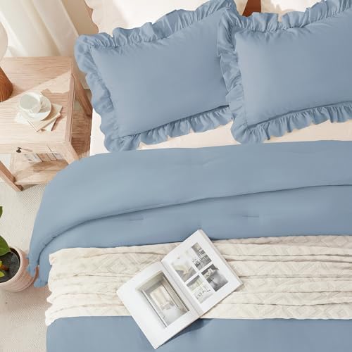 Andency Grayish Blue Ruffle Comforter Twin XL, 2 Pieces Solid Farmhouse Bed - Image 6